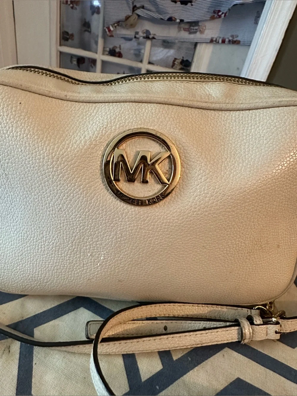 Michael Kors Cream Pebbled Leather Crossbody with Gold Logo